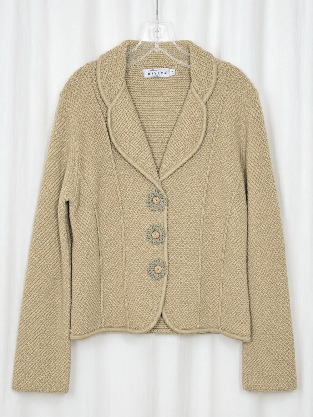Willow Chunky Knit Warm Taupe Decorative Floral Button Front Collared Sweater